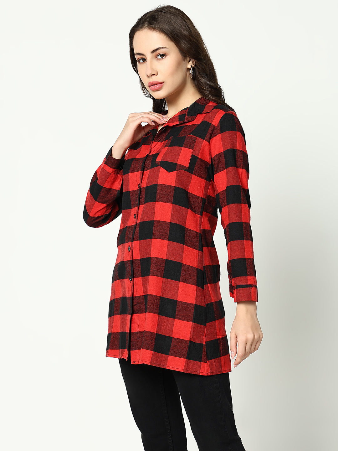 Women's Red Checked Longline Shirt