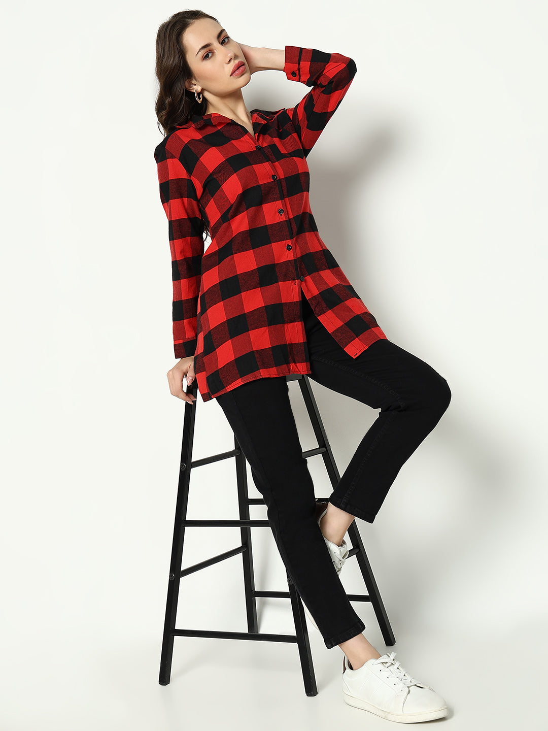 Women's Red Checked Longline Shirt