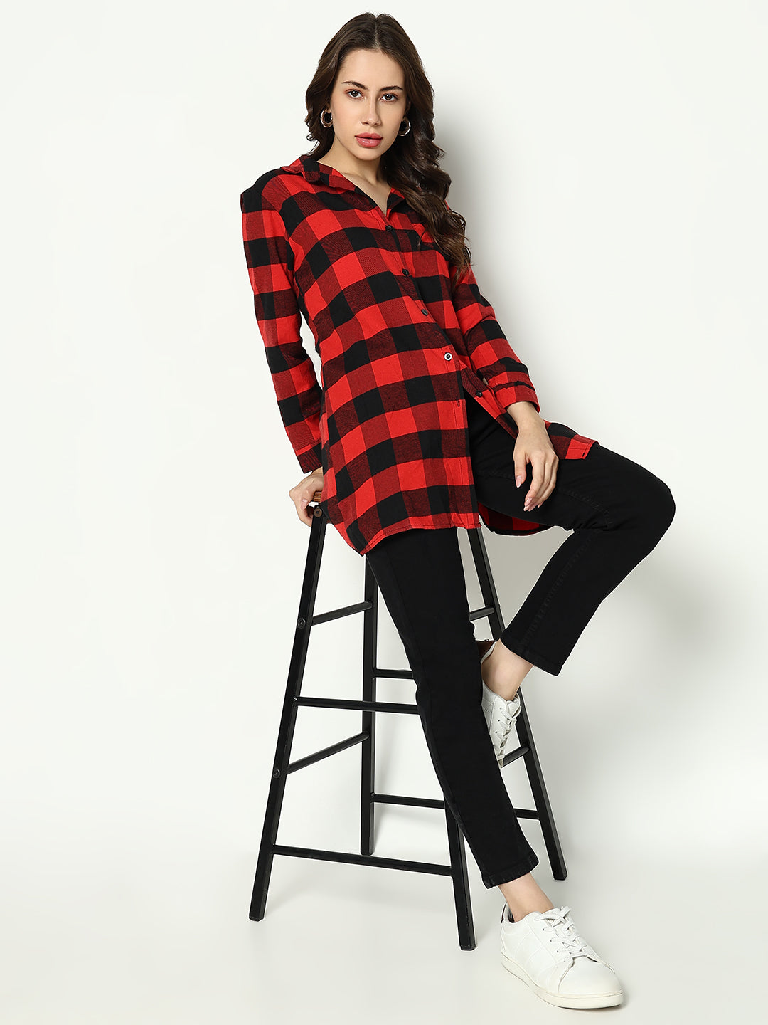 Women's Red Checked Longline Shirt