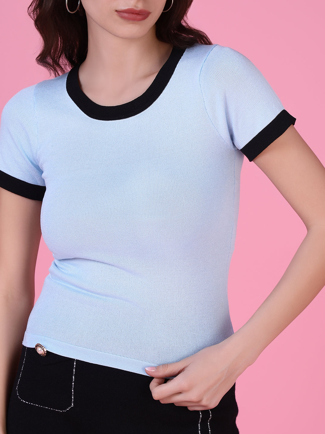 Women Blue Solid Fitted Top