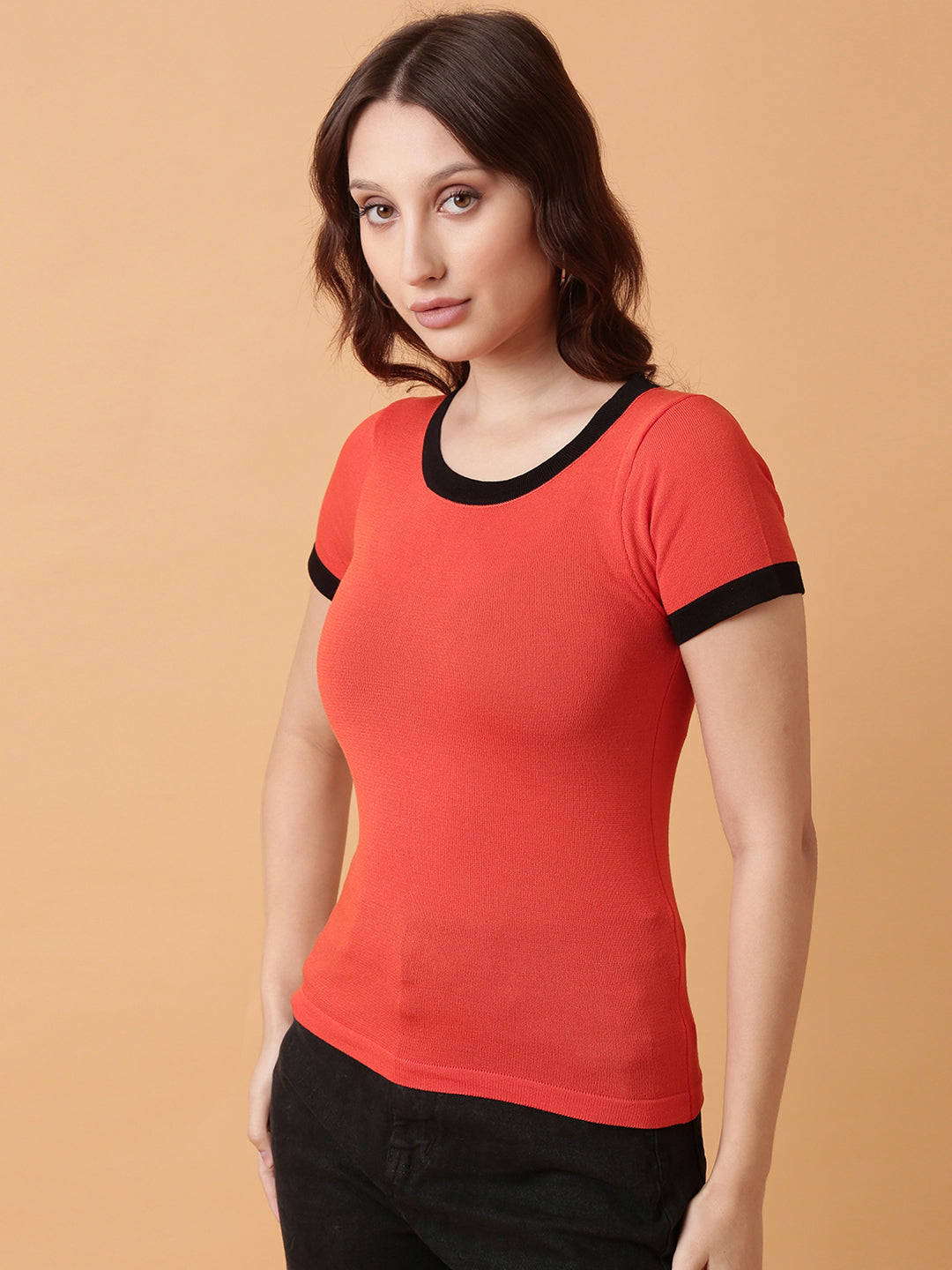 Women Orange Solid Fitted Top