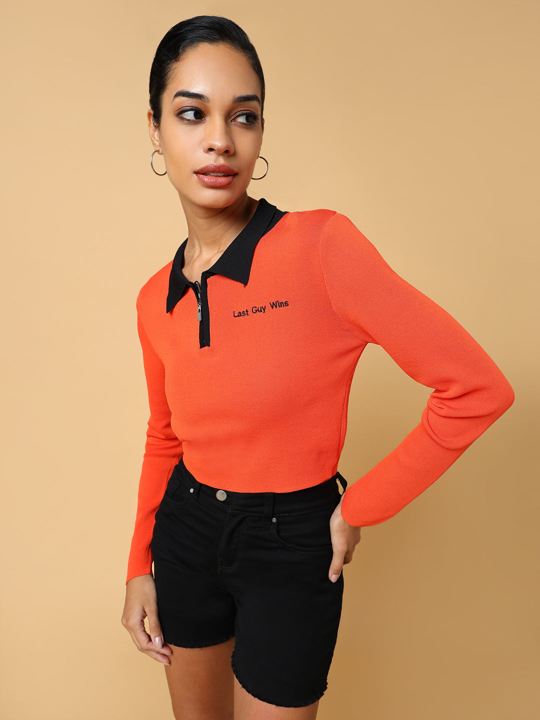 Women Solid Orange Fitted Crop Top