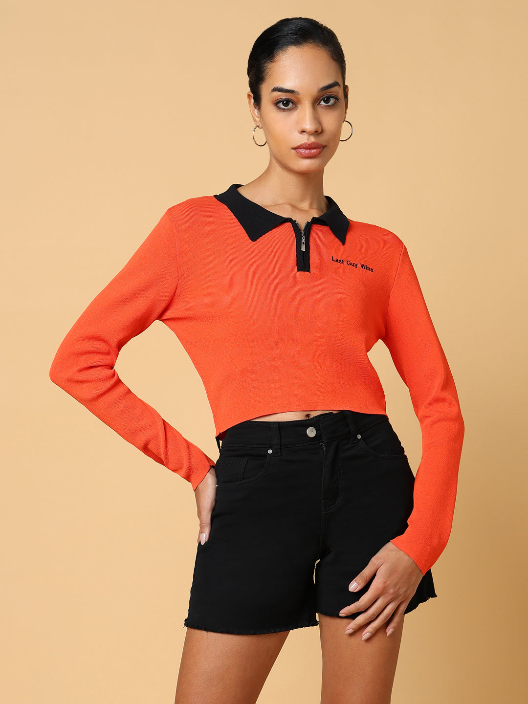 Women Solid Orange Fitted Crop Top