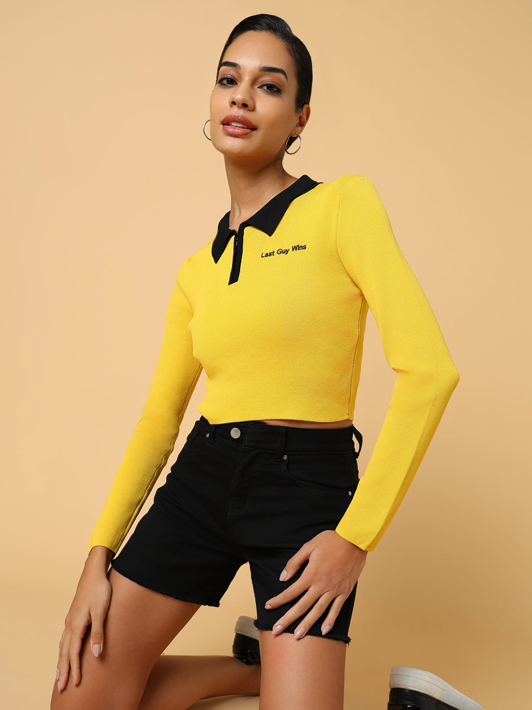 Women Solid Yellow Fitted Top