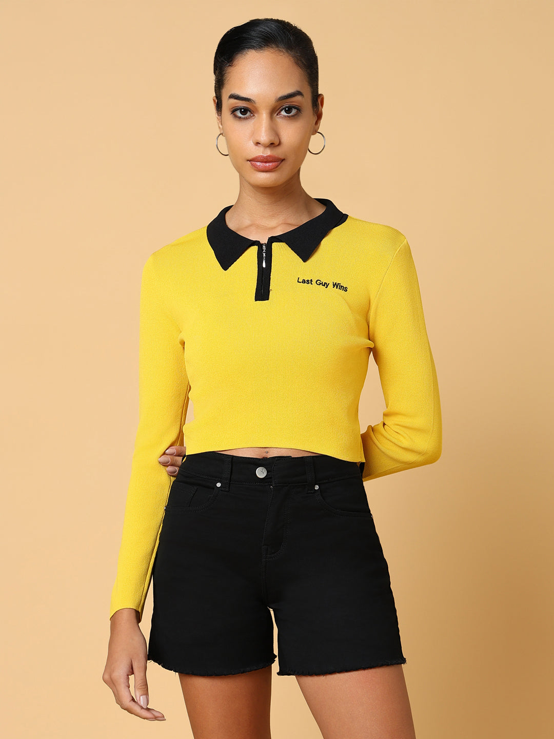 Women Solid Yellow Fitted Top