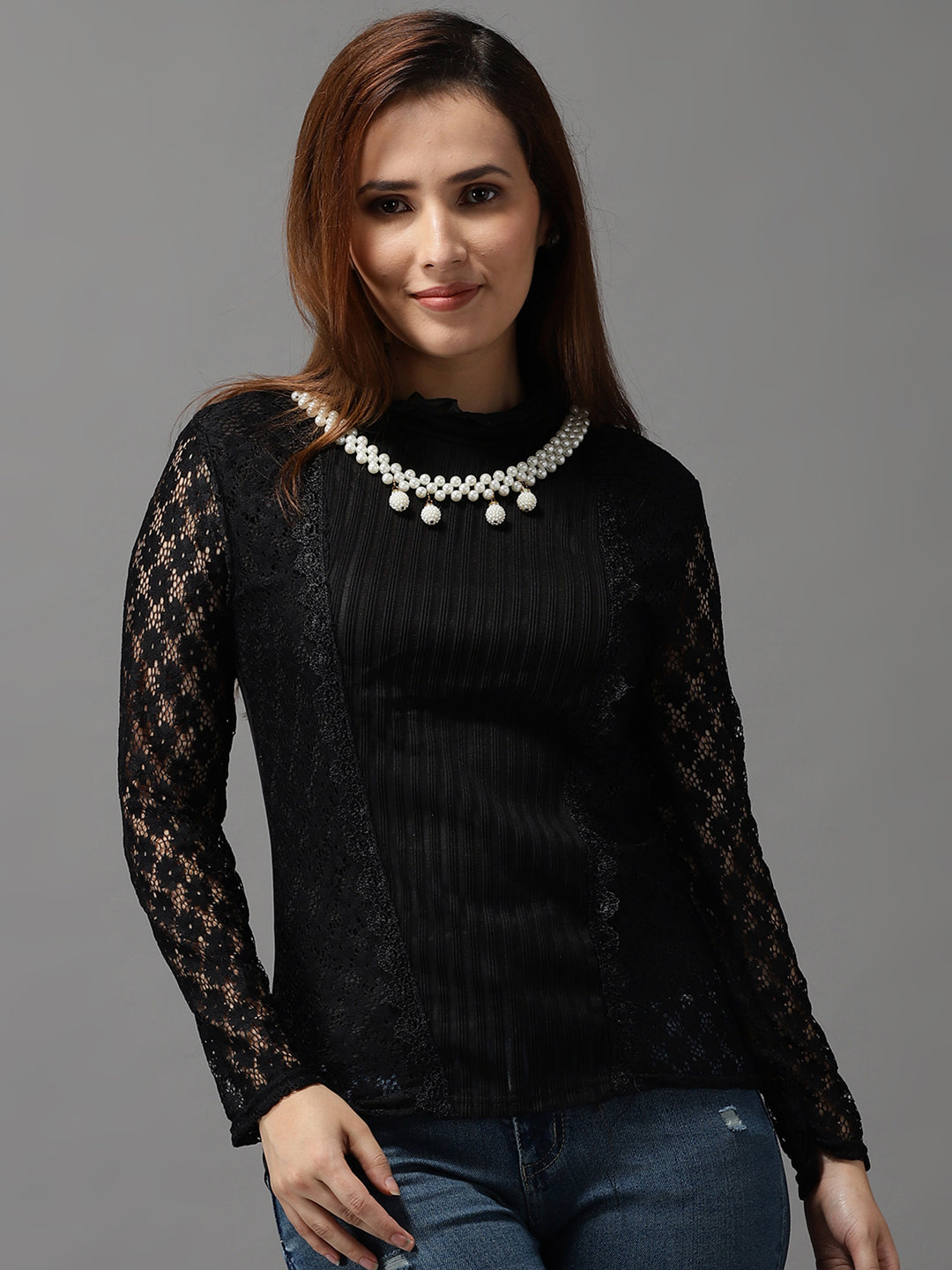 Women High Neck Solid Black Fitted Top