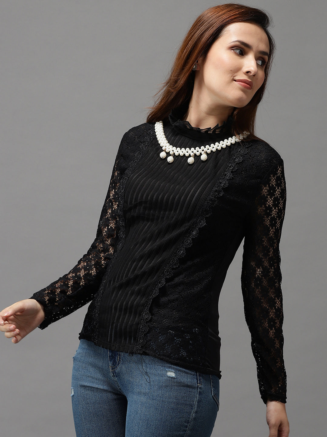 Women High Neck Solid Black Fitted Top