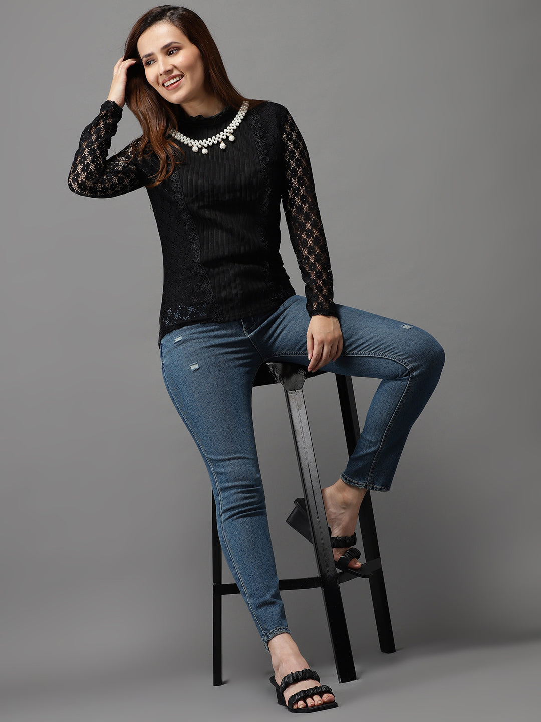 Women High Neck Solid Black Fitted Top