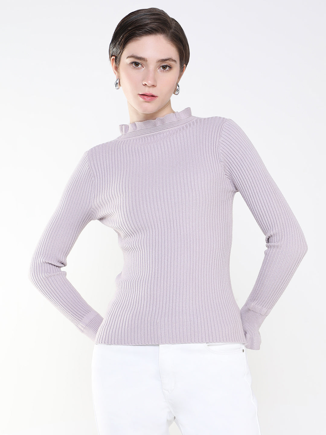 Women Solid Lavender Fitted Top