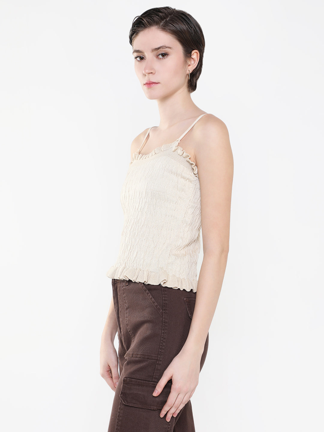 Women Solid Beige Fitted Crop Top