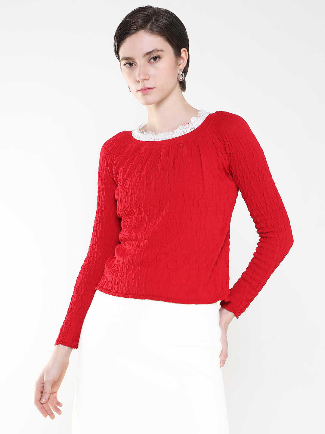 Women Solid Red Fitted Top