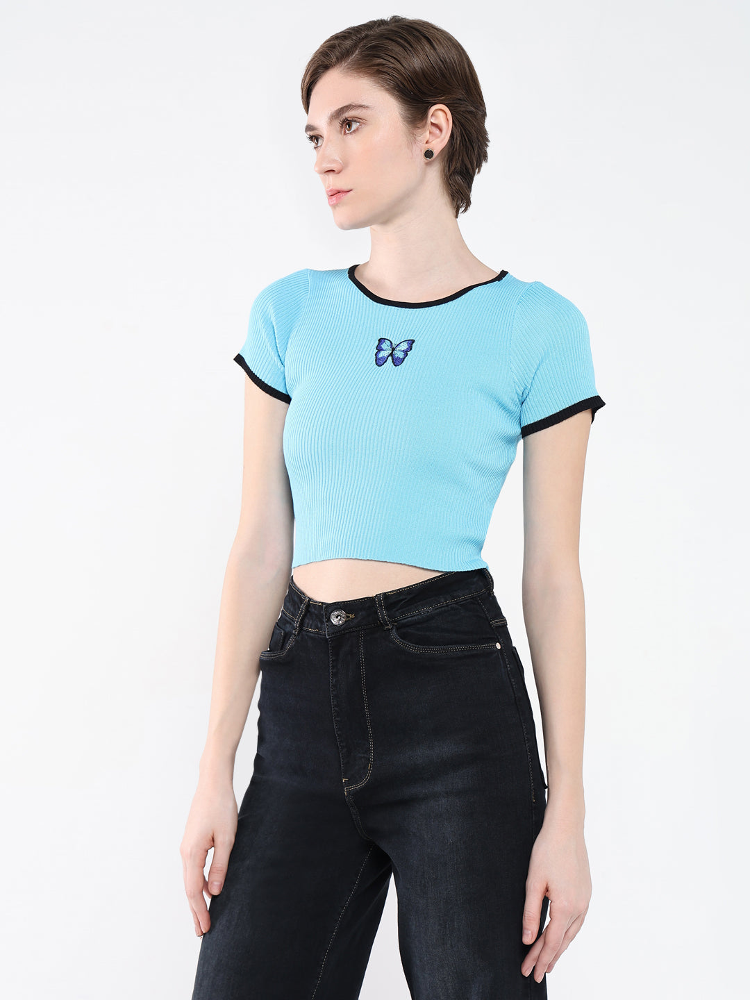 Women Solid Blue Fitted Crop Top