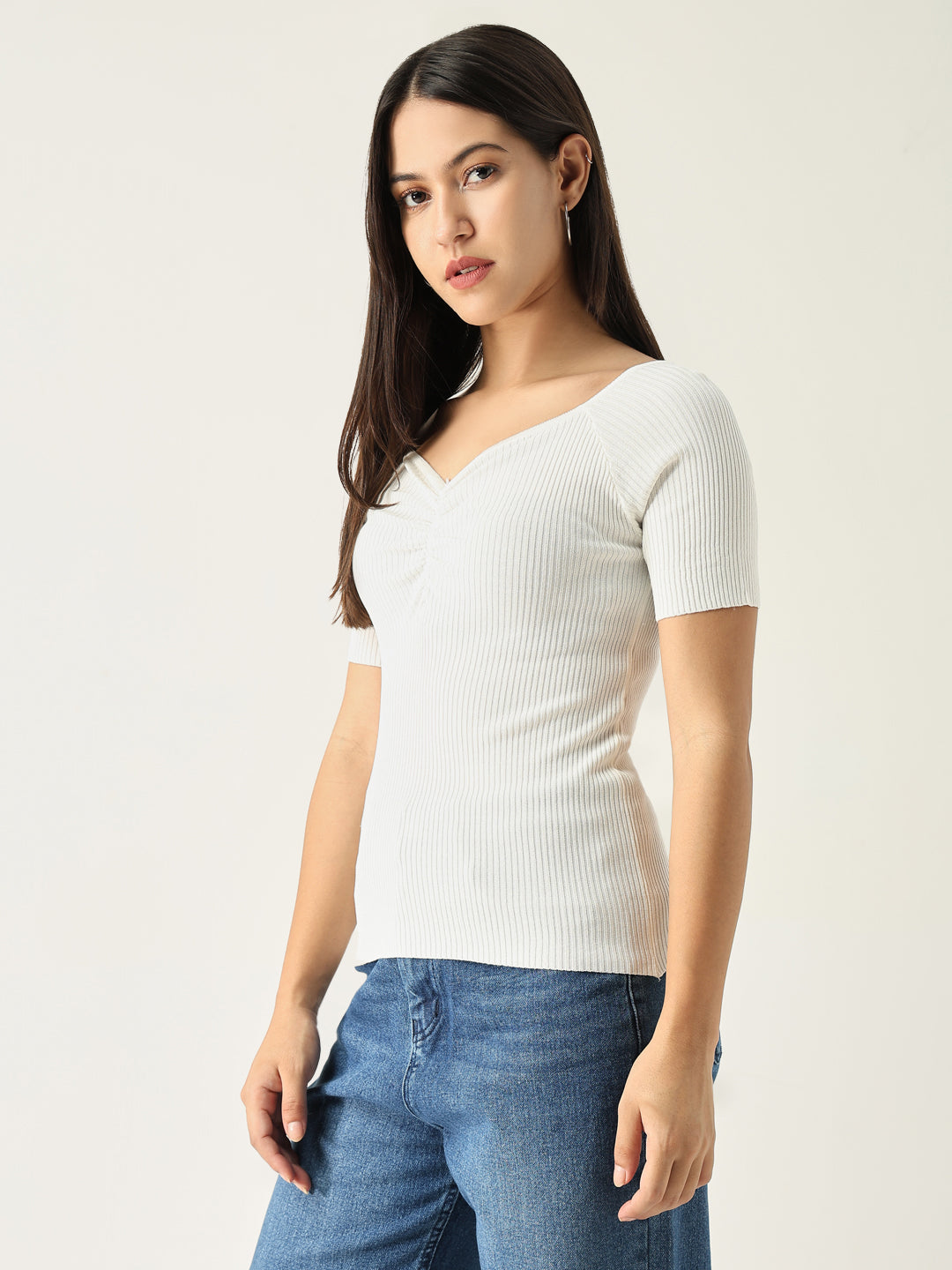 Women Solid White Fitted Top