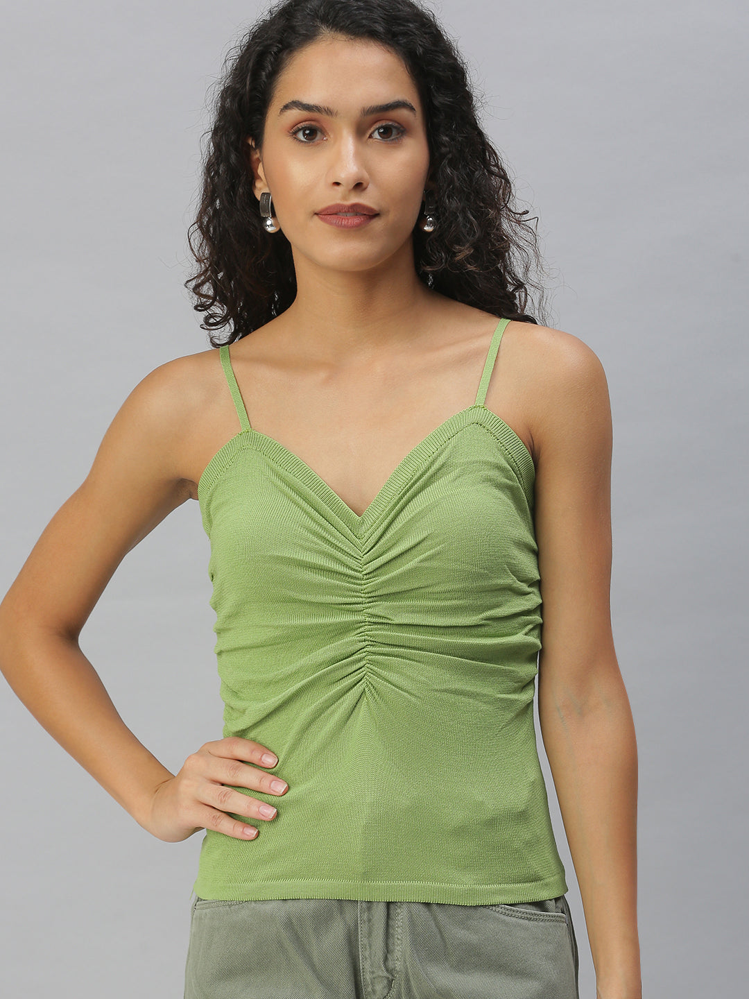 Women Shoulder Straps Solid Green Fitted Top