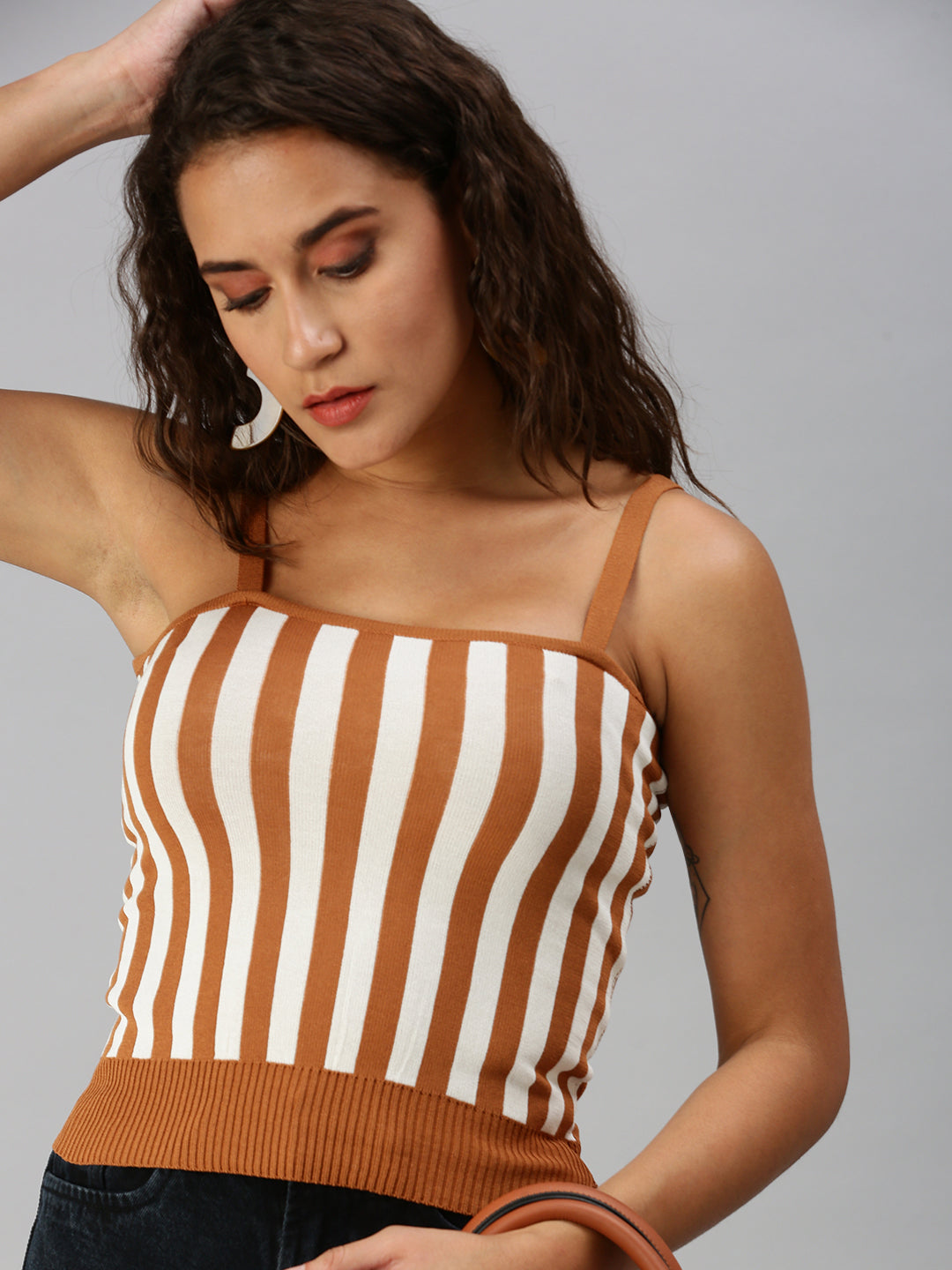 Women Shoulder Straps Striped Brown Fitted Top