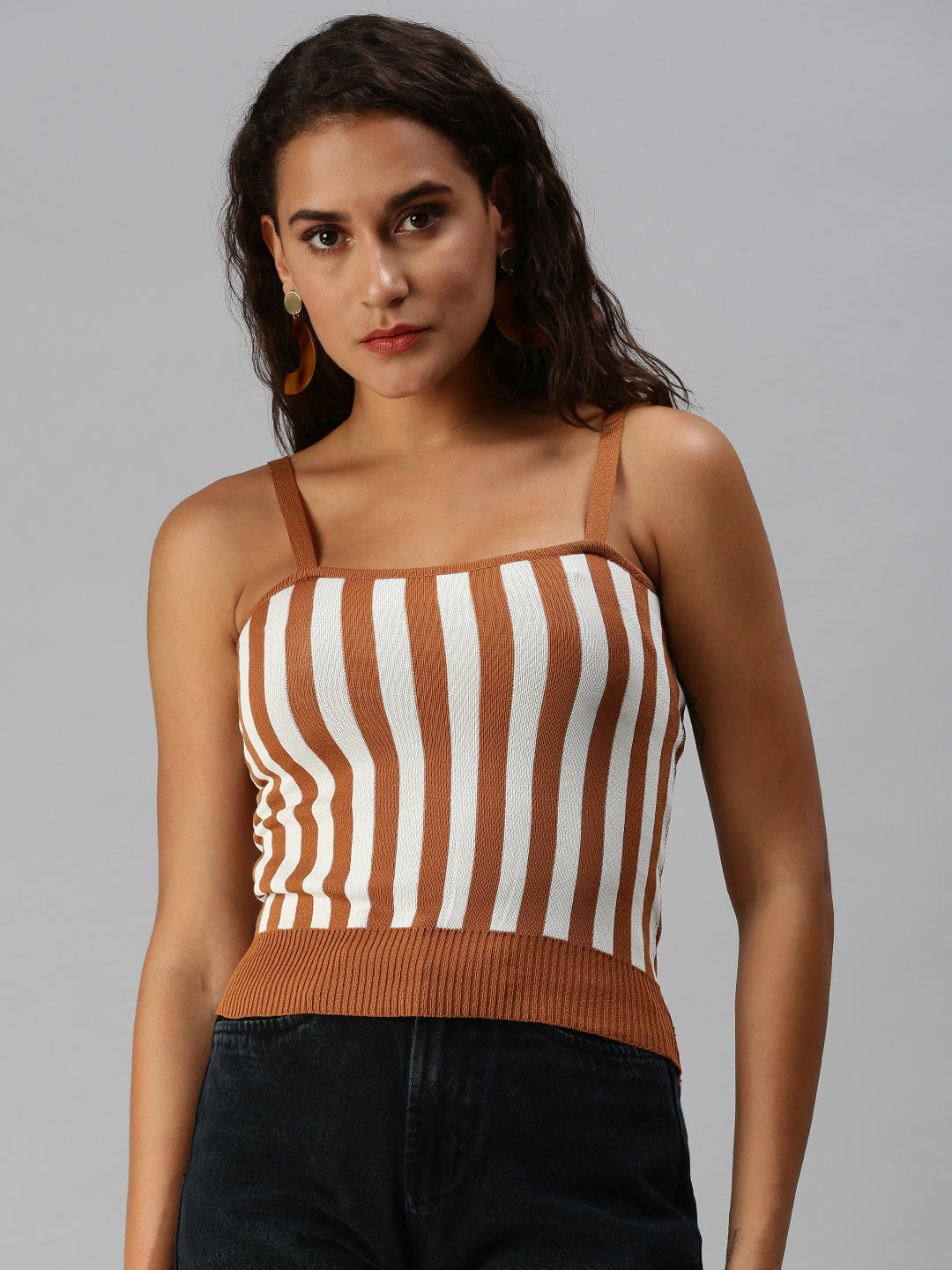 Women Shoulder Straps Striped Brown Fitted Top