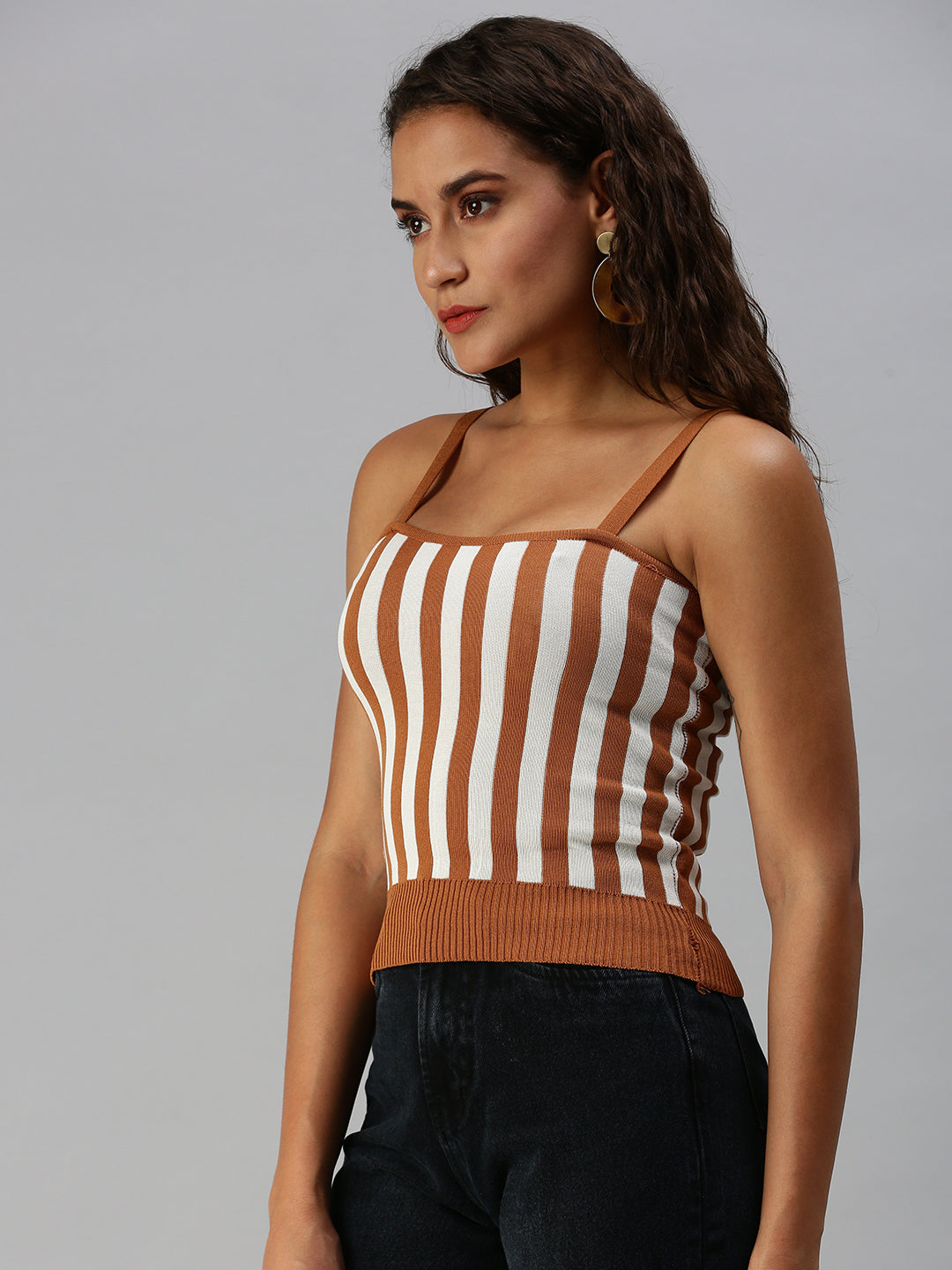 Women Shoulder Straps Striped Brown Fitted Top