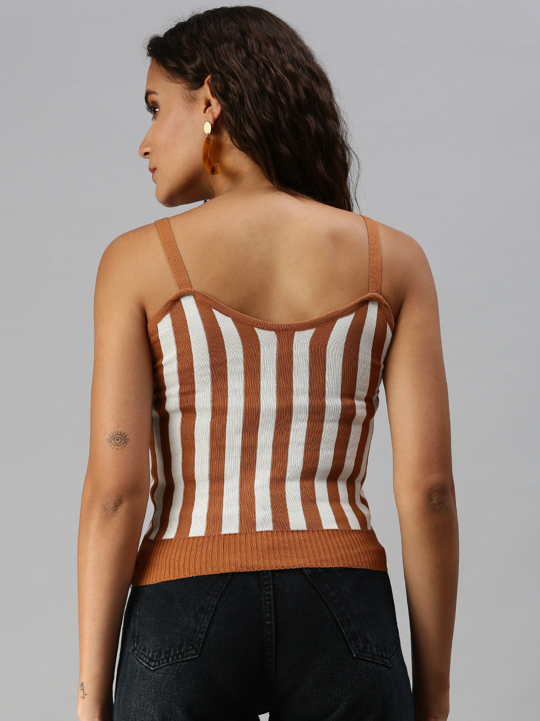 Women Shoulder Straps Striped Brown Fitted Top