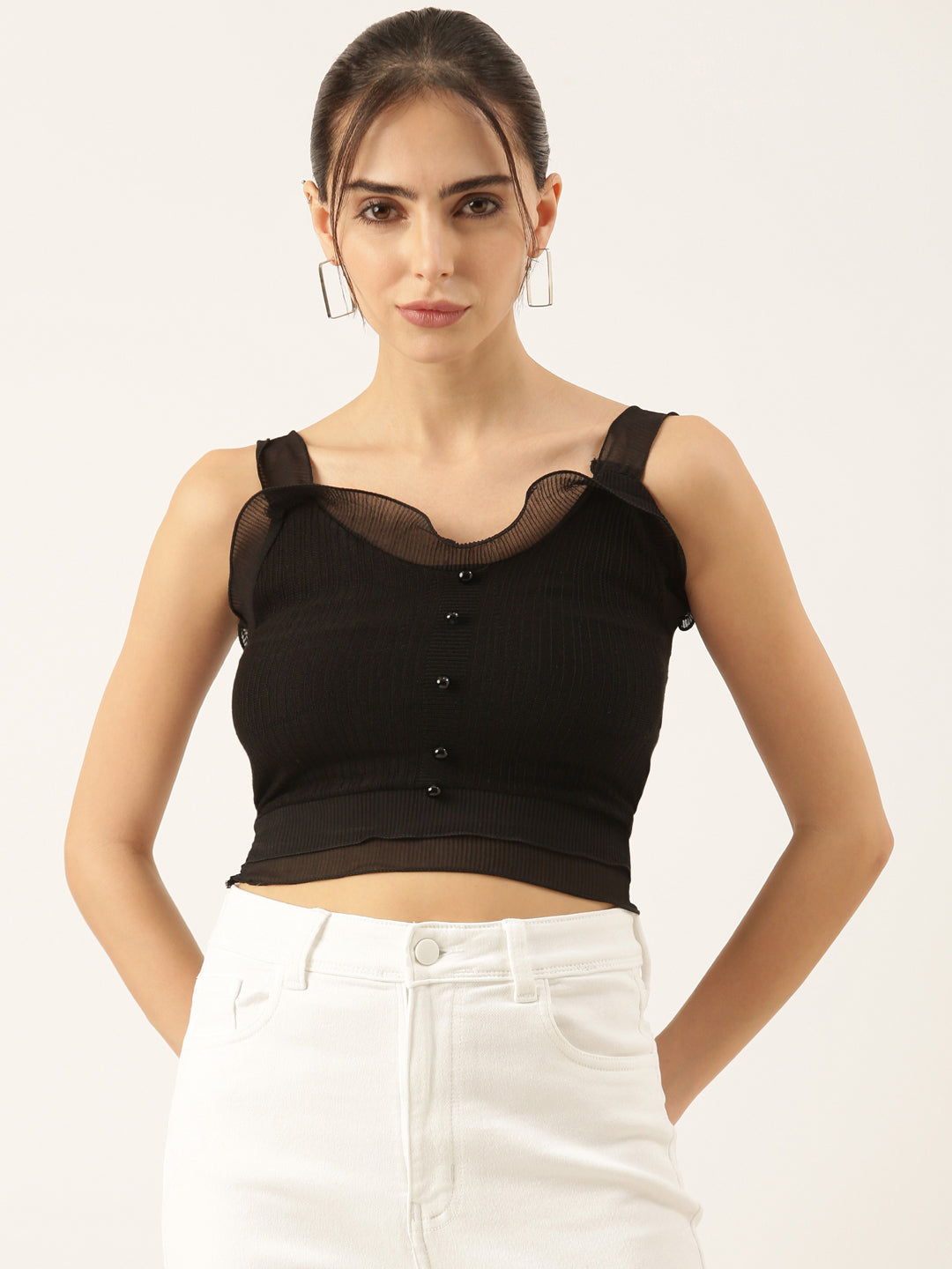 Women Black Solid Fitted Crop Top