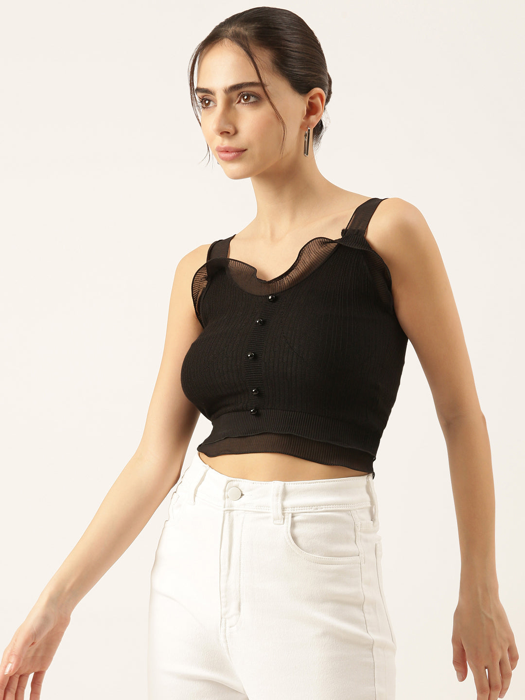 Women Black Solid Fitted Crop Top