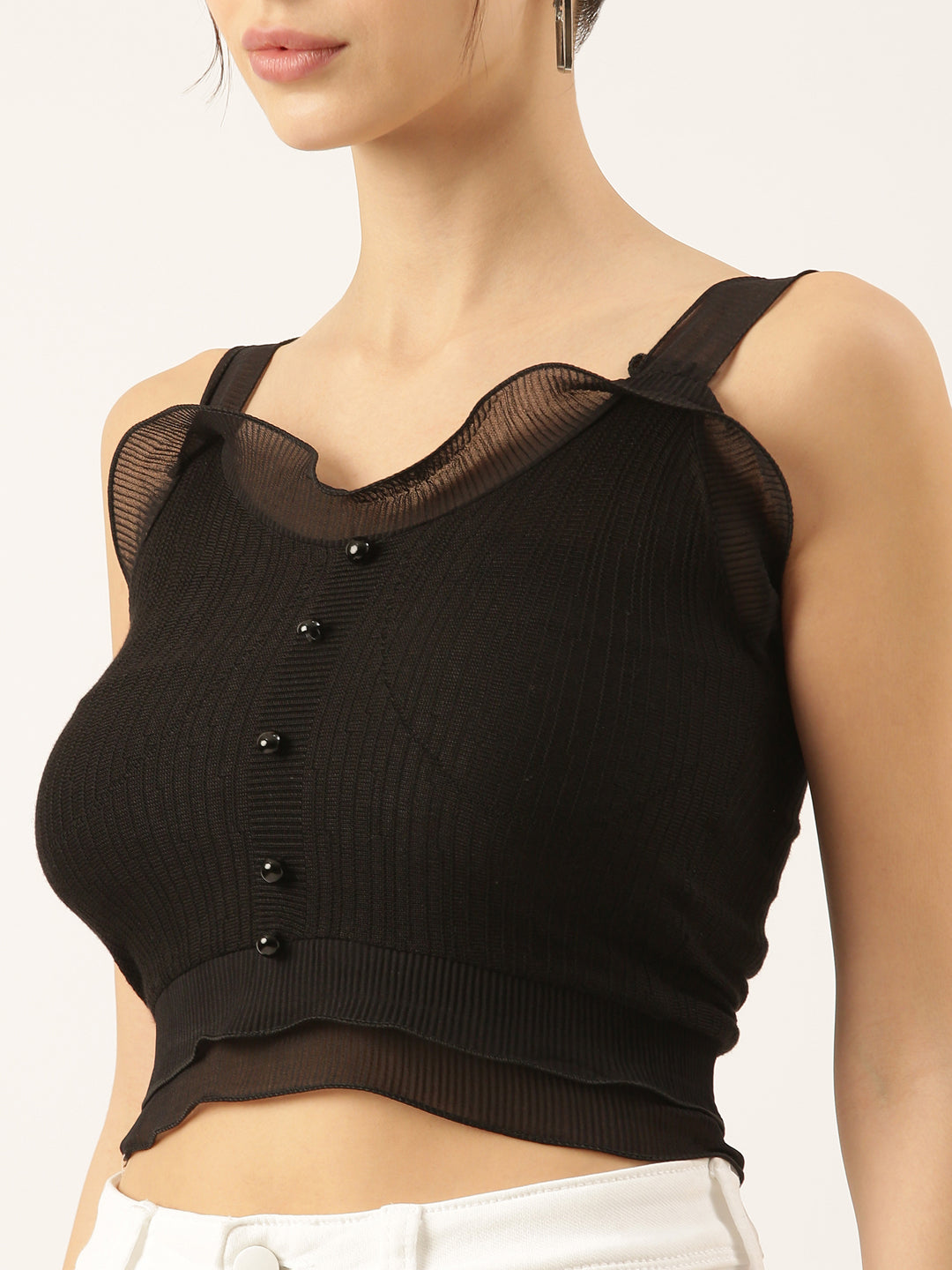 Women Black Solid Fitted Crop Top