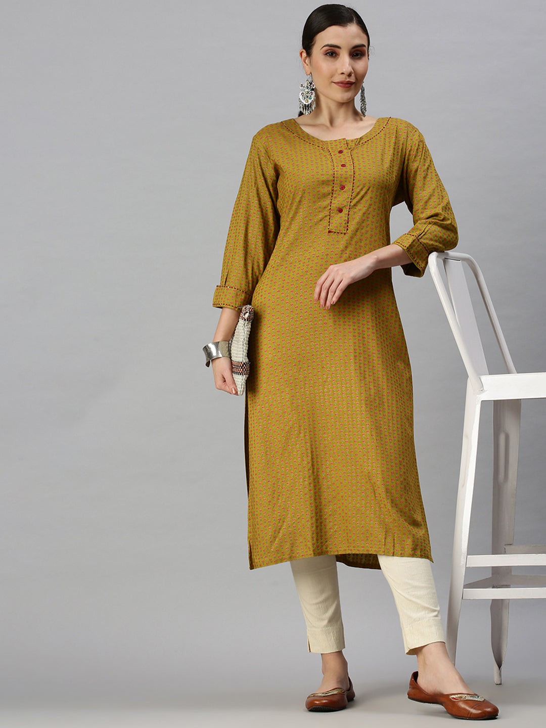 Women Printed Green Straight Kurta