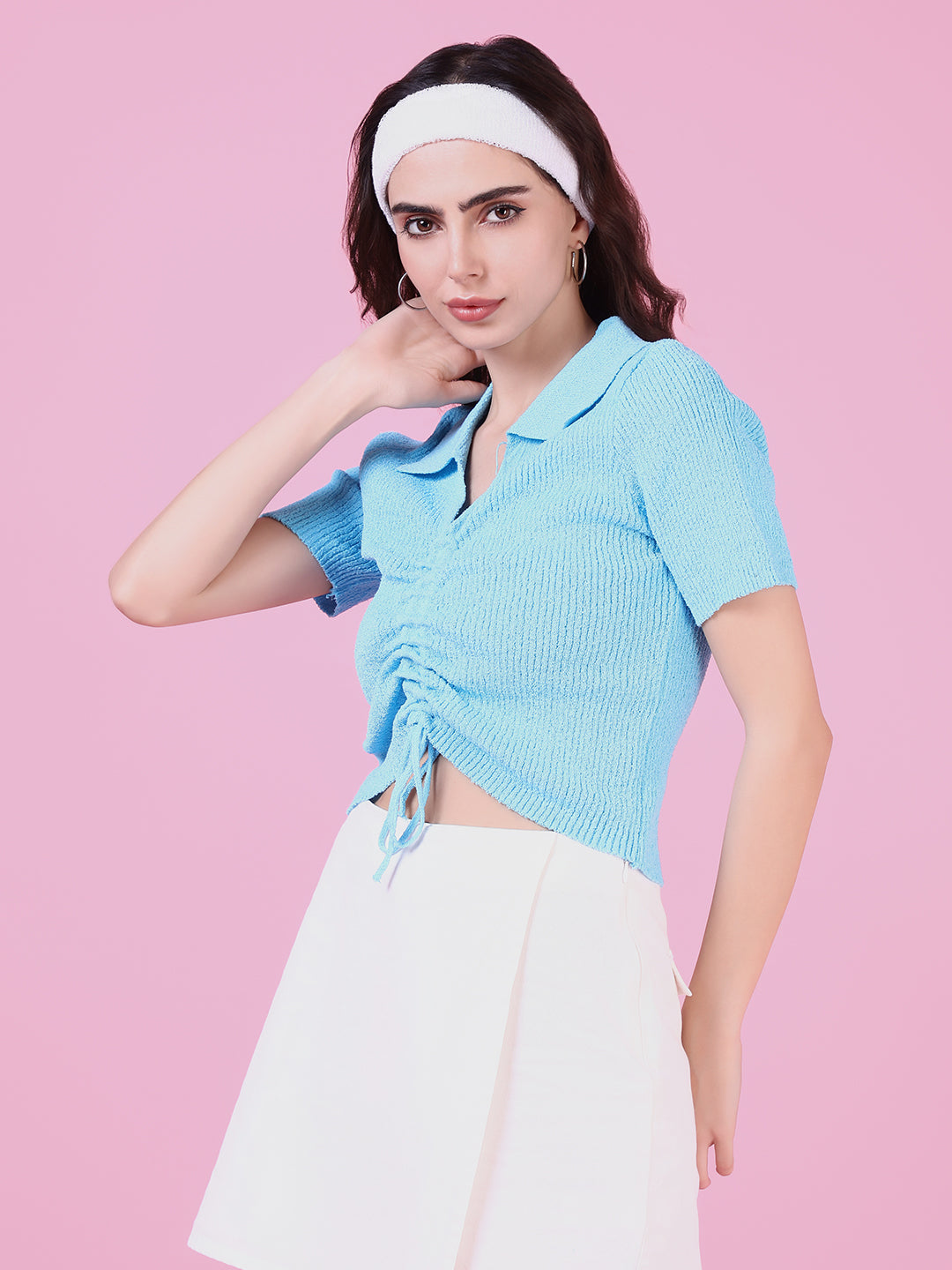 Women Blue Solid Ruched Top