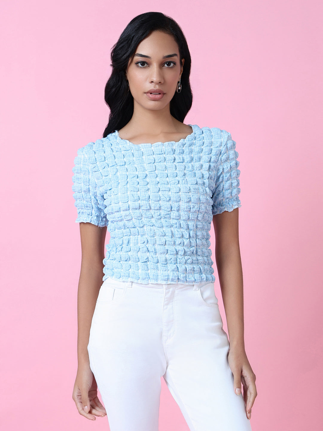 Women Blue Solid Crop Top