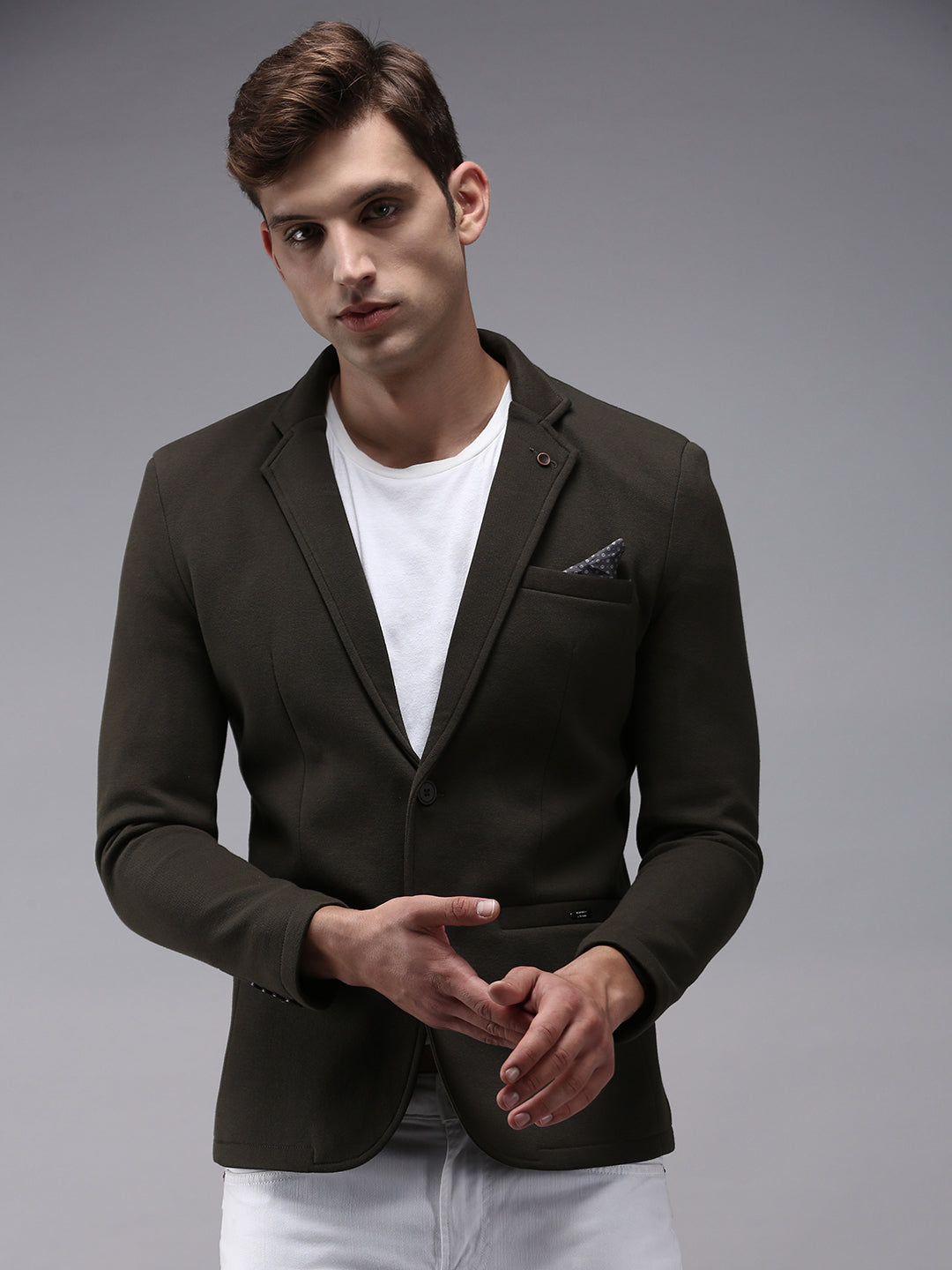 Men Olive Solid Single Breasted Blazer