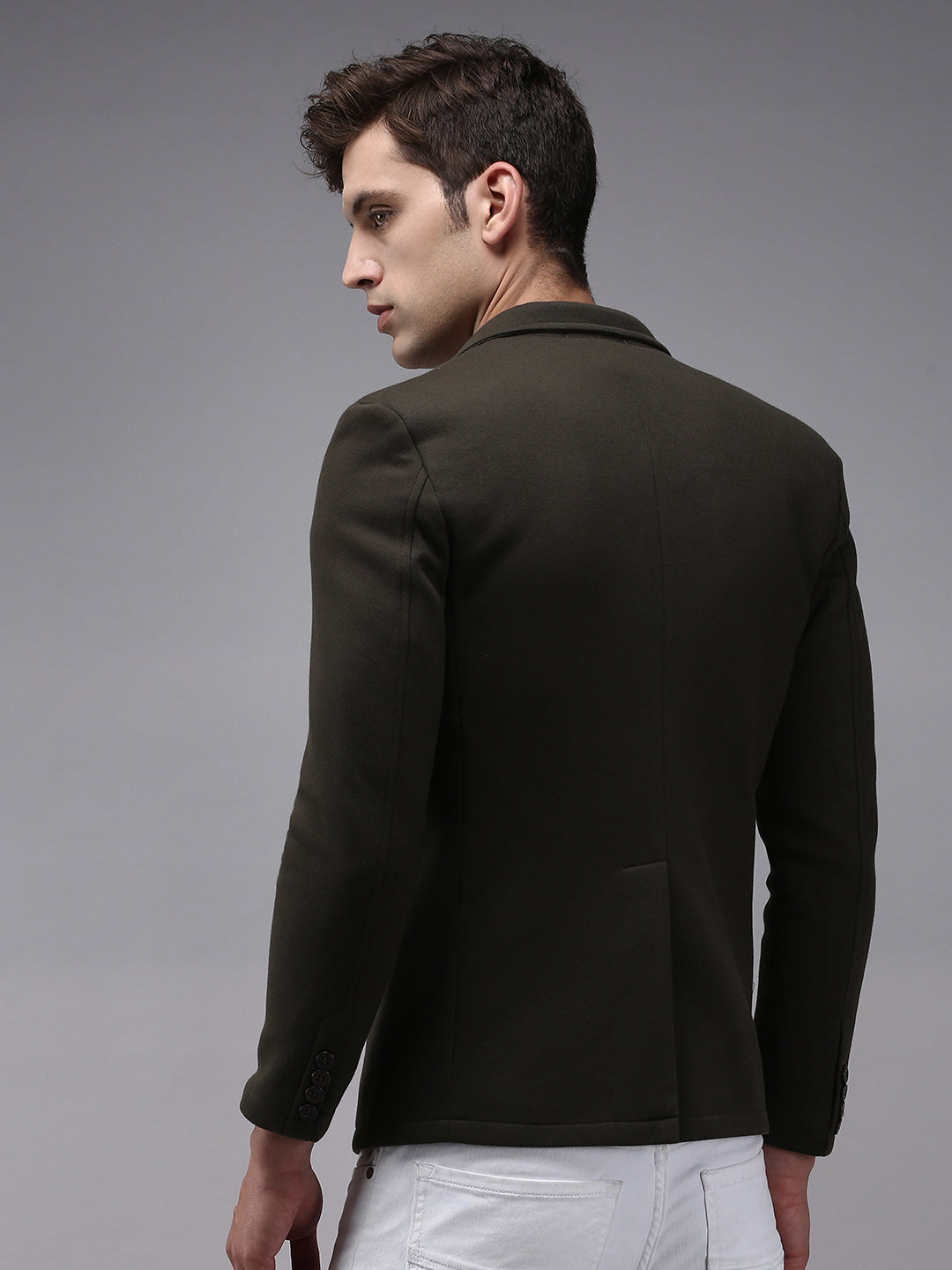 Men Olive Solid Single Breasted Blazer