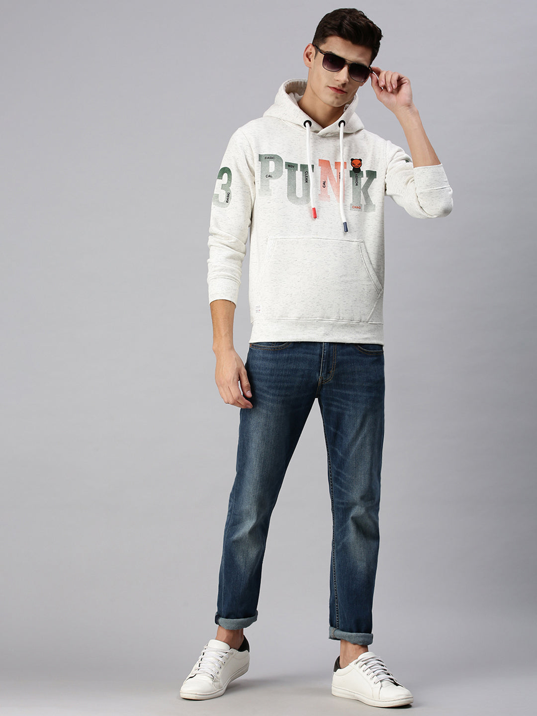 Men Hooded Solid White Pullover