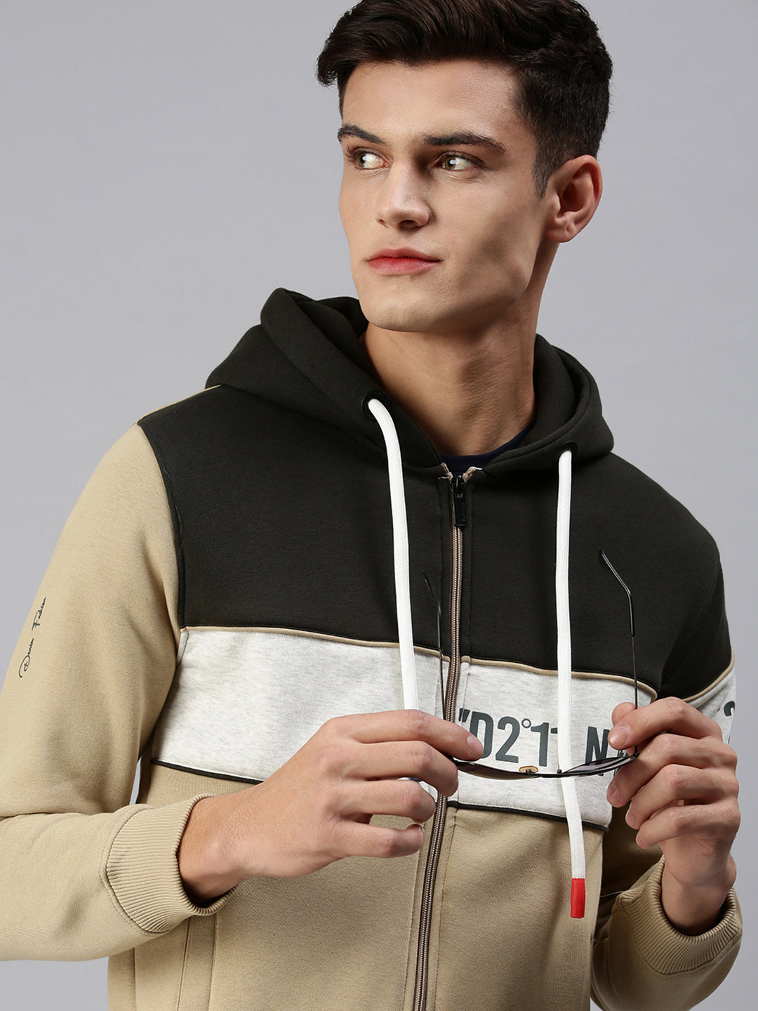 Men Hooded Colourblocked Beige Sweatshirt