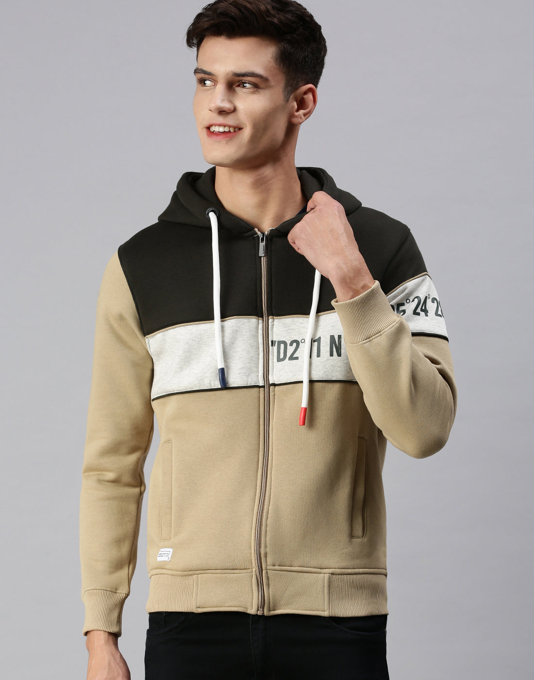 Men Hooded Colourblocked Beige Sweatshirt