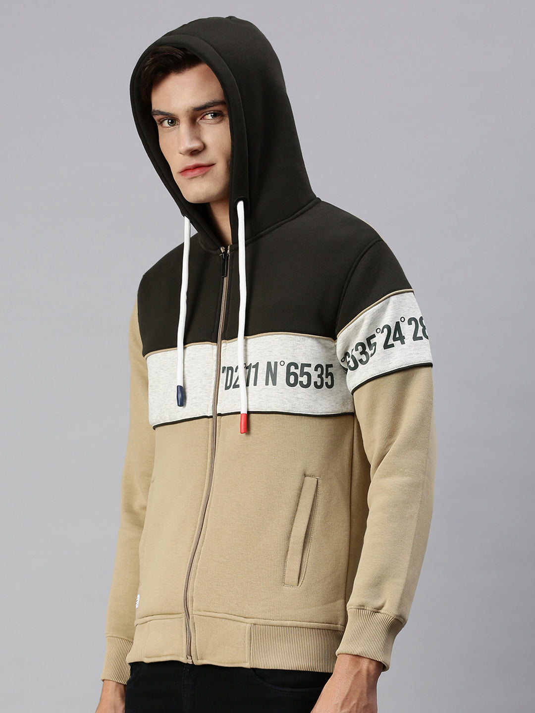 Men Hooded Colourblocked Beige Sweatshirt