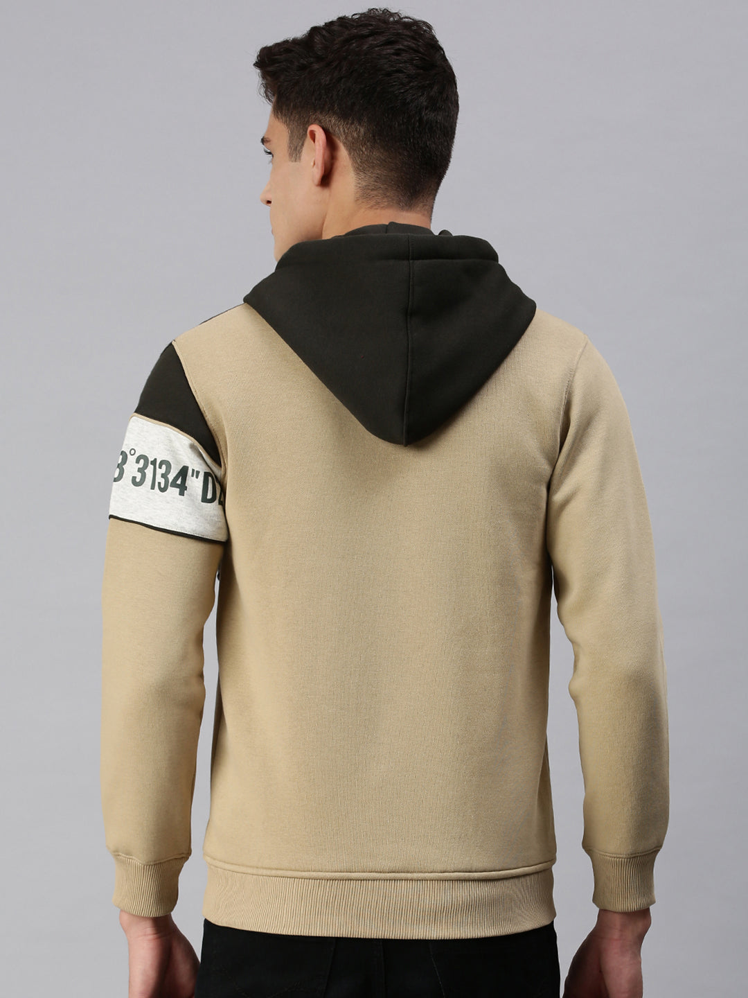 Men Hooded Colourblocked Beige Sweatshirt