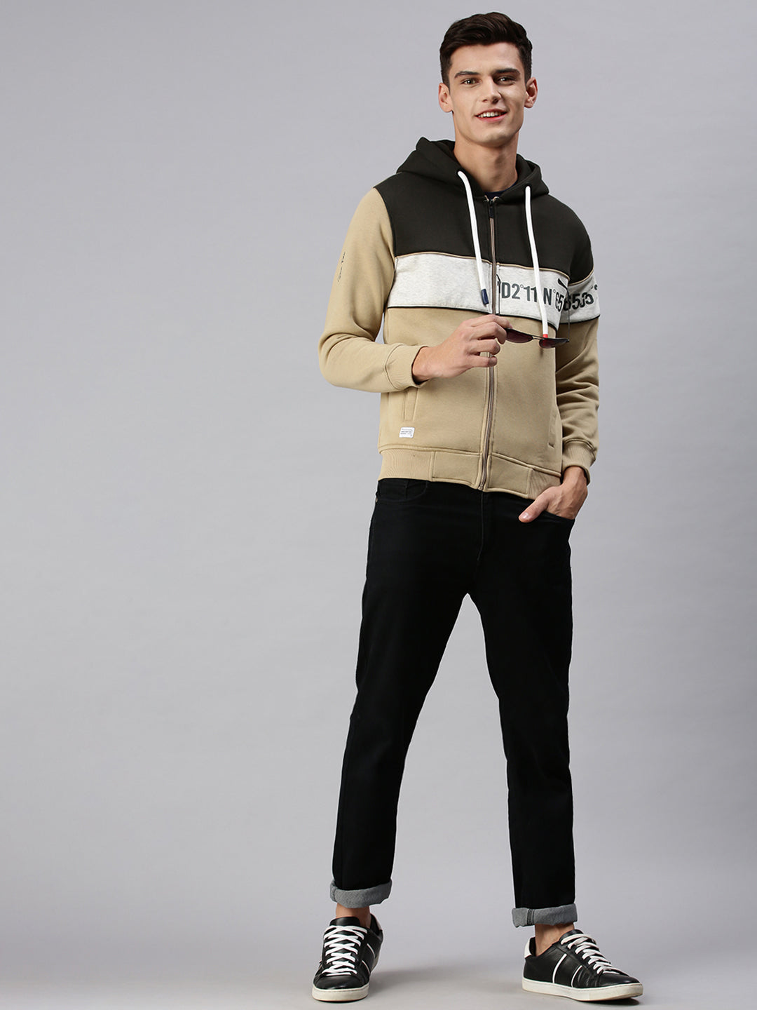 Men Hooded Colourblocked Beige Sweatshirt