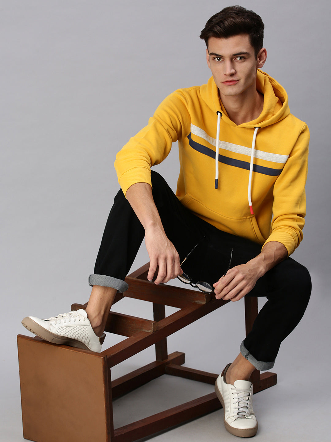 Men Hooded Solid Yellow Pullover