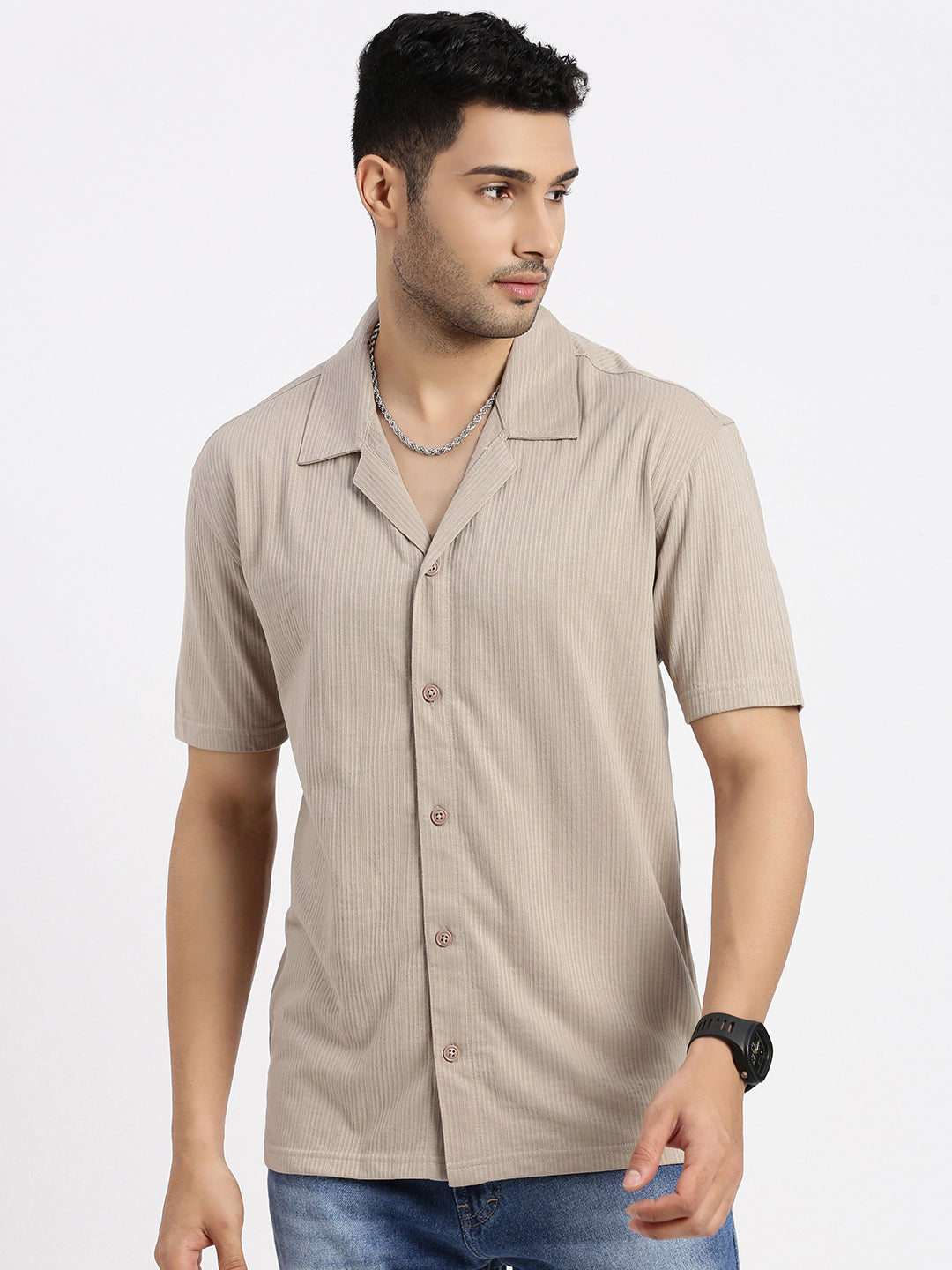 Men Beige Cuban Collar Solid Shirt