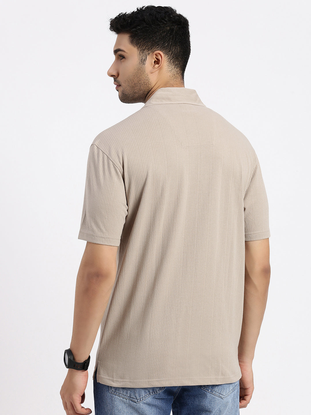 Men Beige Cuban Collar Solid Shirt