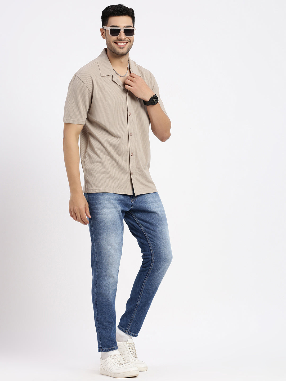 Men Beige Cuban Collar Solid Shirt