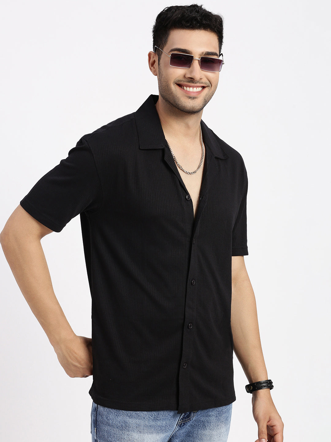 Men Black Cuban Collar Solid Shirt