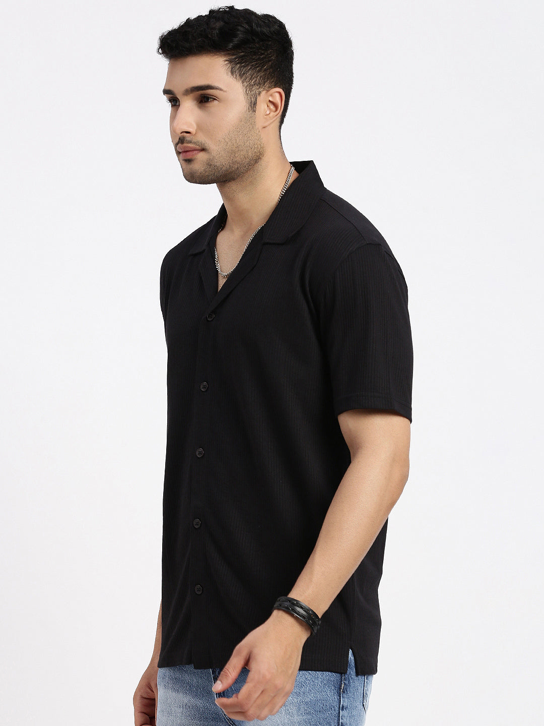 Men Black Cuban Collar Solid Shirt