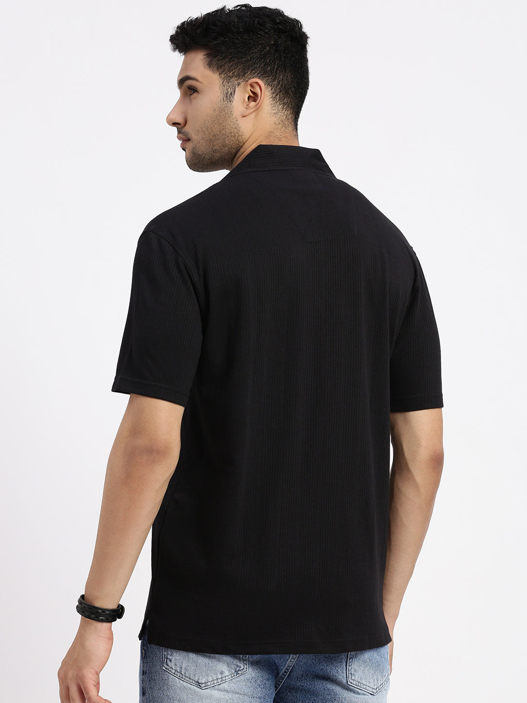 Men Black Cuban Collar Solid Shirt