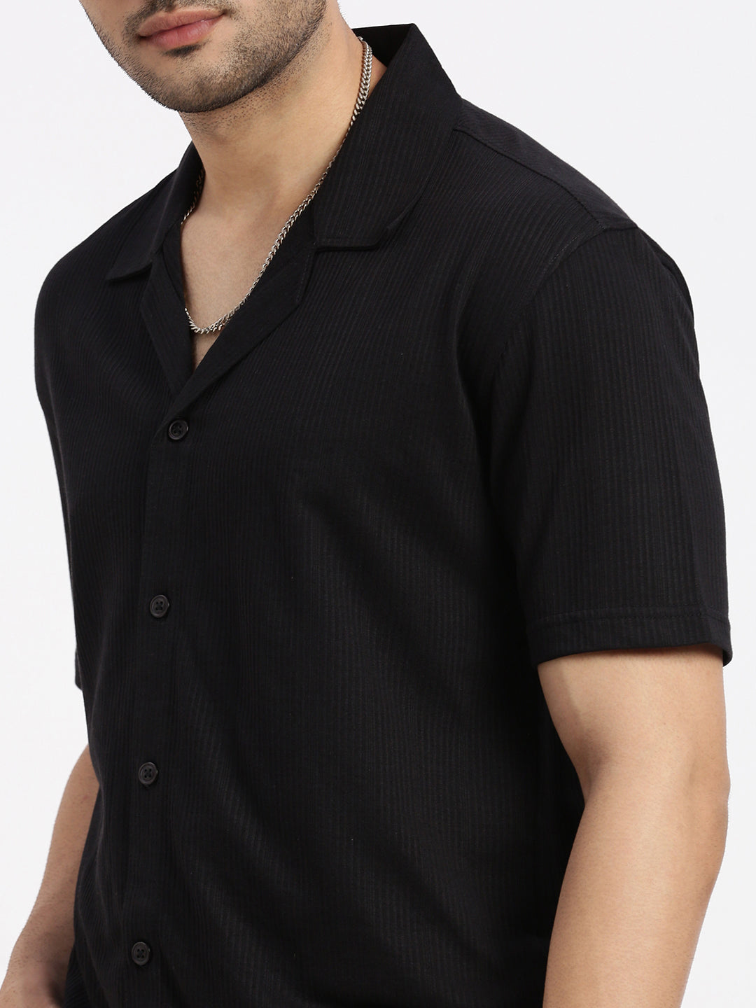 Men Black Cuban Collar Solid Shirt