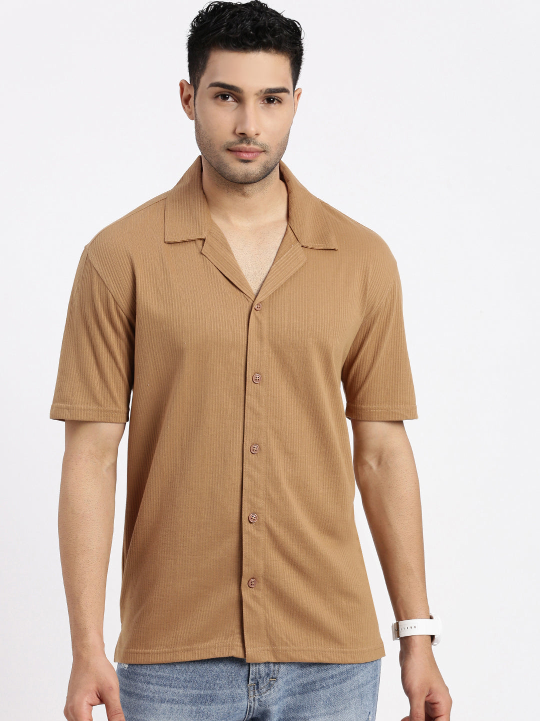 Men Brown Cuban Collar Solid Shirt