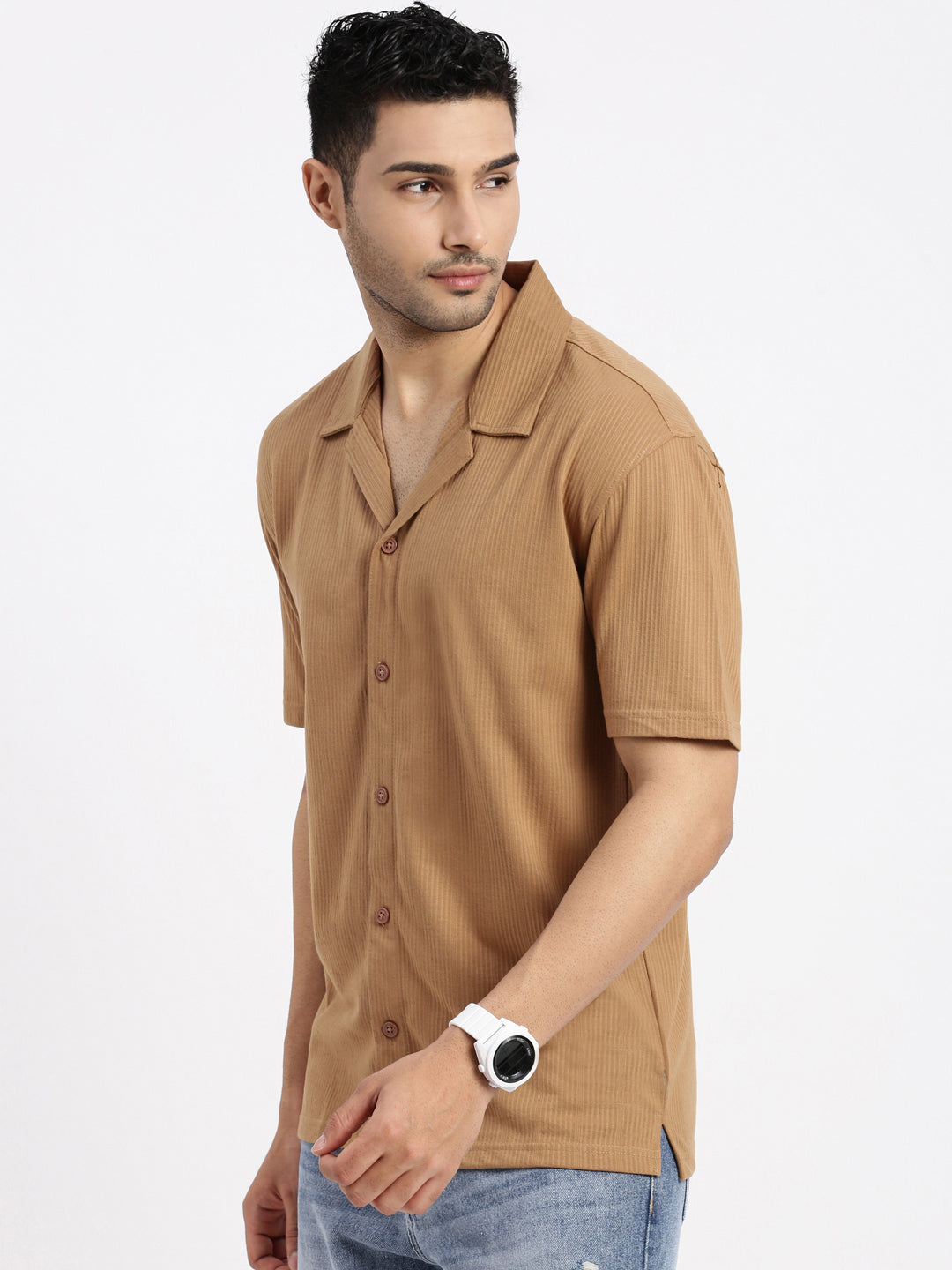 Men Brown Cuban Collar Solid Shirt