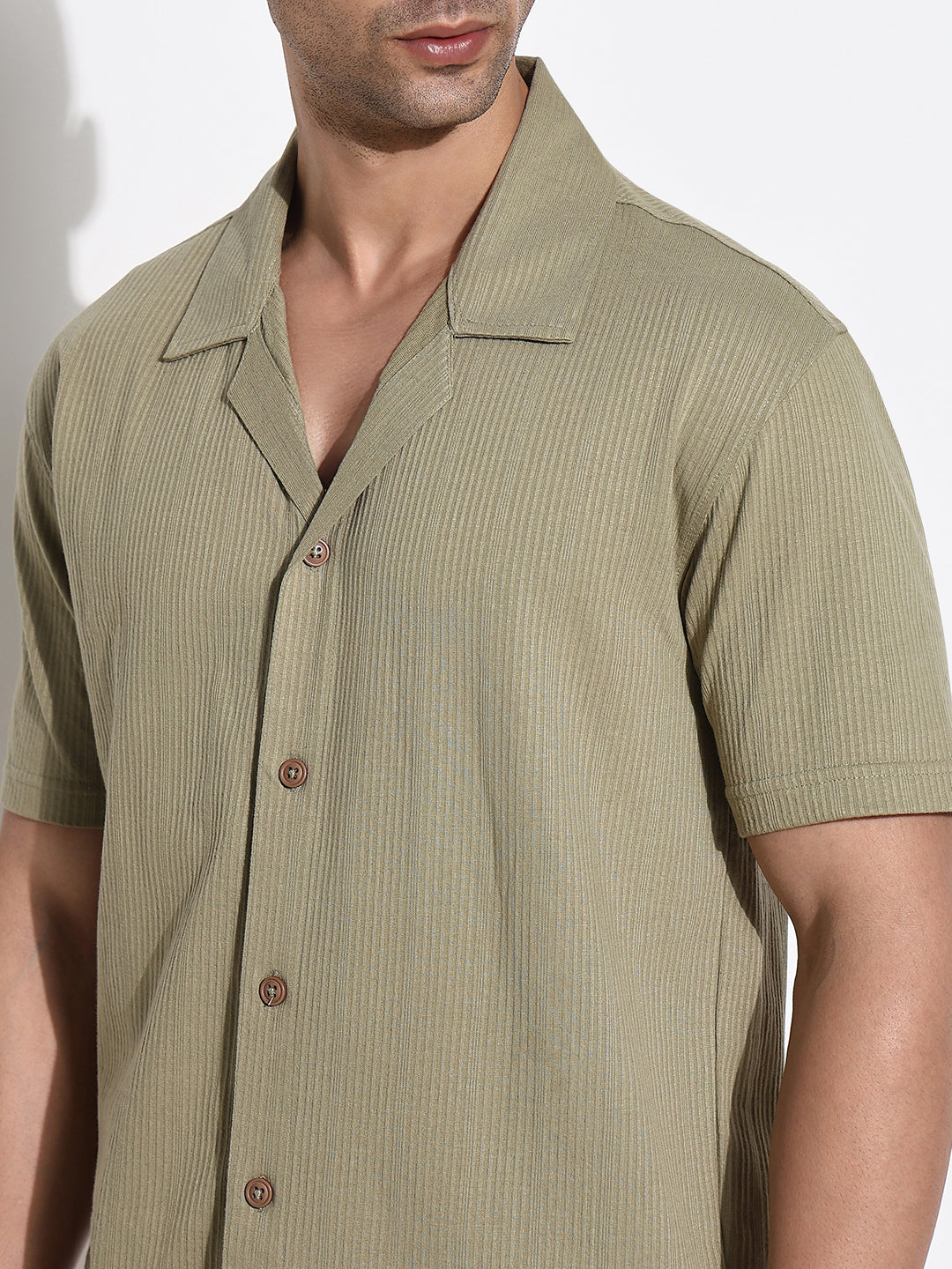 Men Olive Solid Cuban Collar Shirt