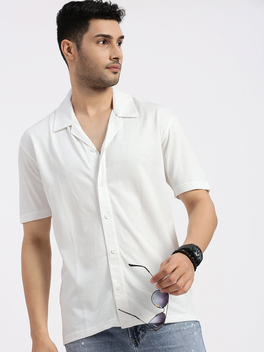 Men White Cuban Collar Solid Shirt