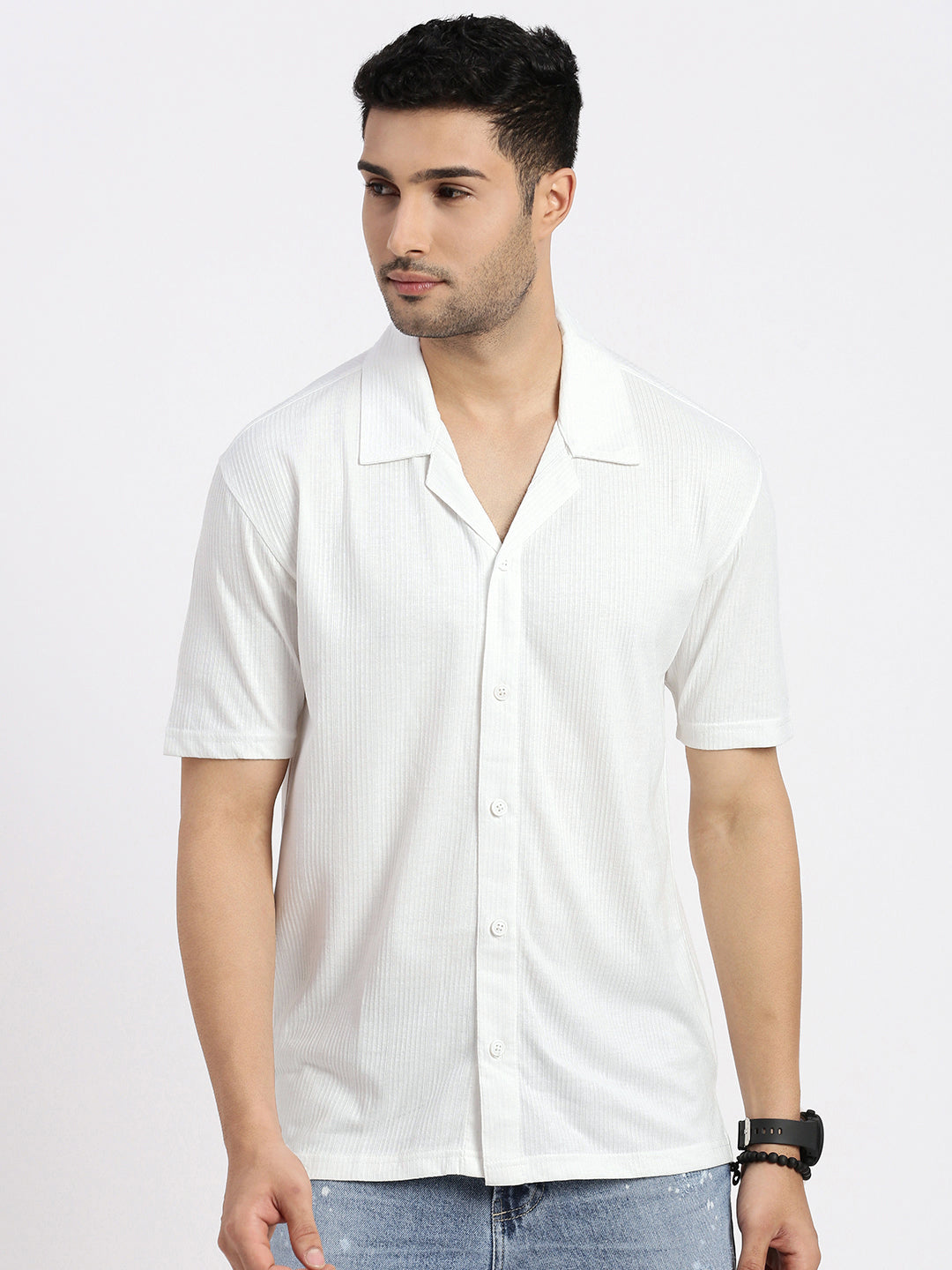 Men White Cuban Collar Solid Shirt