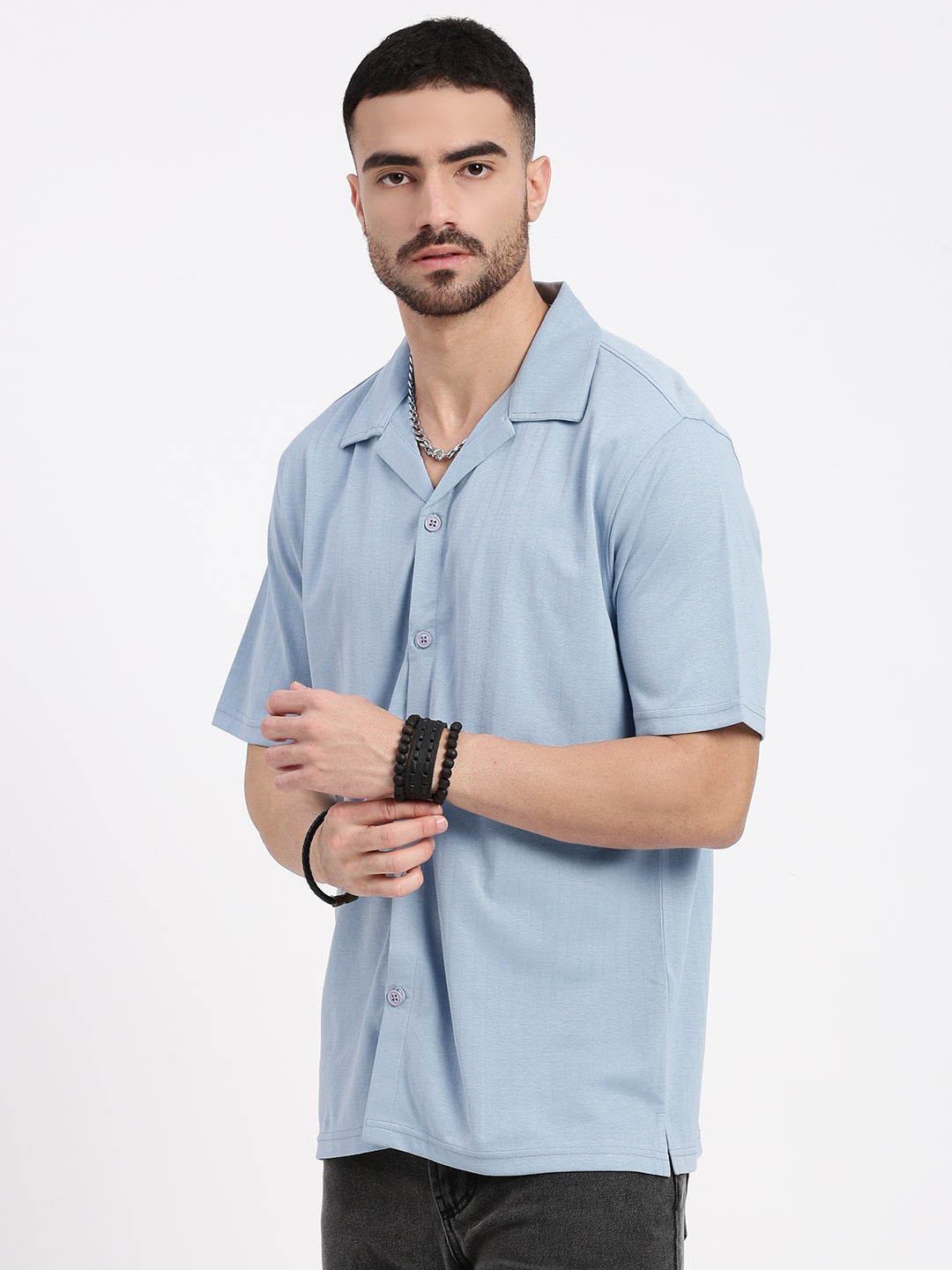 Men Blue Cuban Collar Solid Shirt